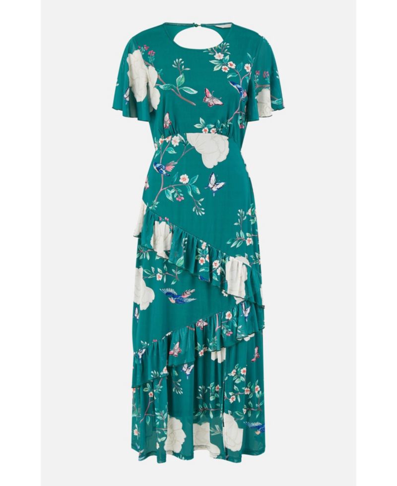 Women's Mesh Bird And Floral Print Midi Dress