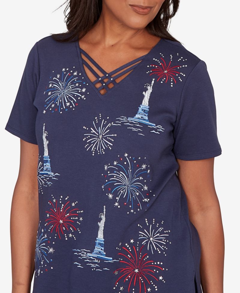 Petite Lady Liberty Statue of Liberty Fireworks V-Neck T-Shirt