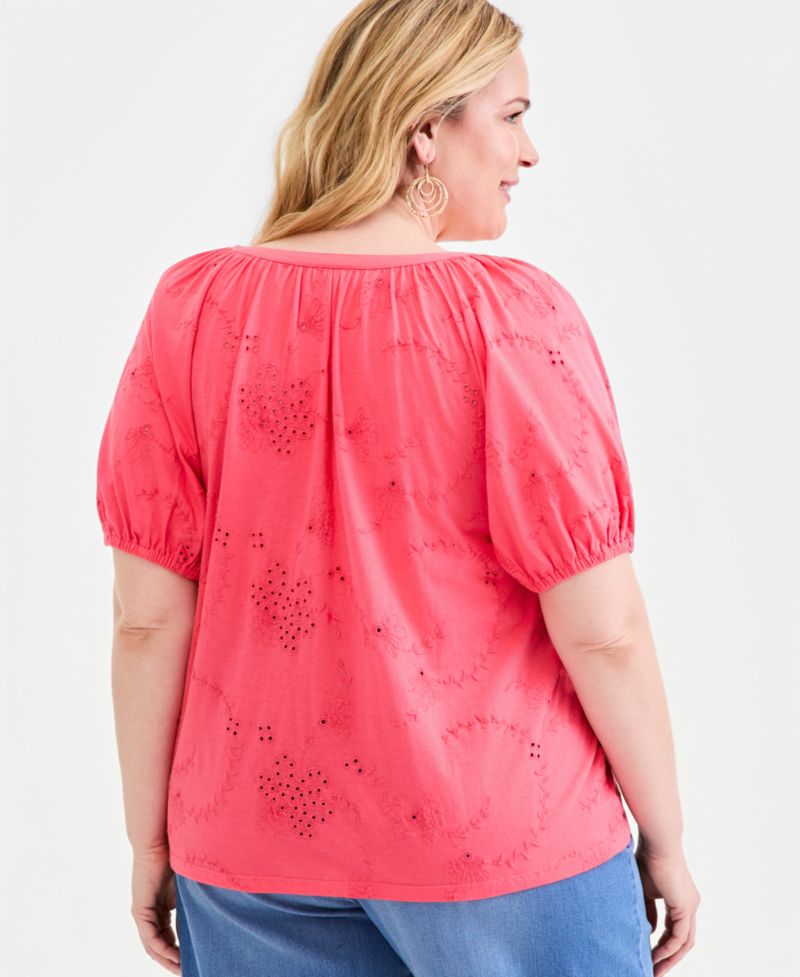 Plus Size Short-Sleeve Eyelet Top