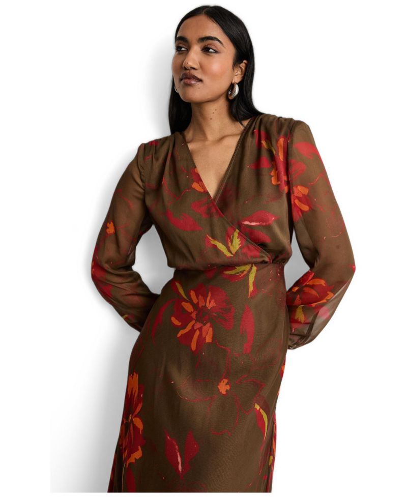 Women's Printed V Neck Tie Detail Midi Dress