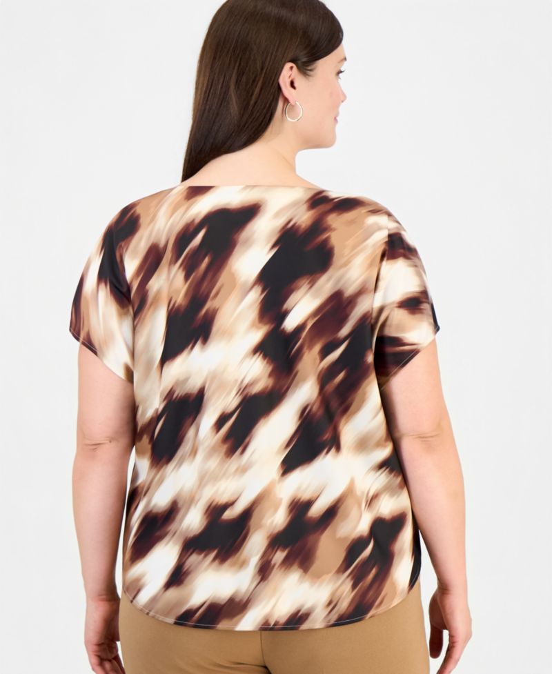 Plus Size Cowl Neck Short-Sleeve Print Blouse