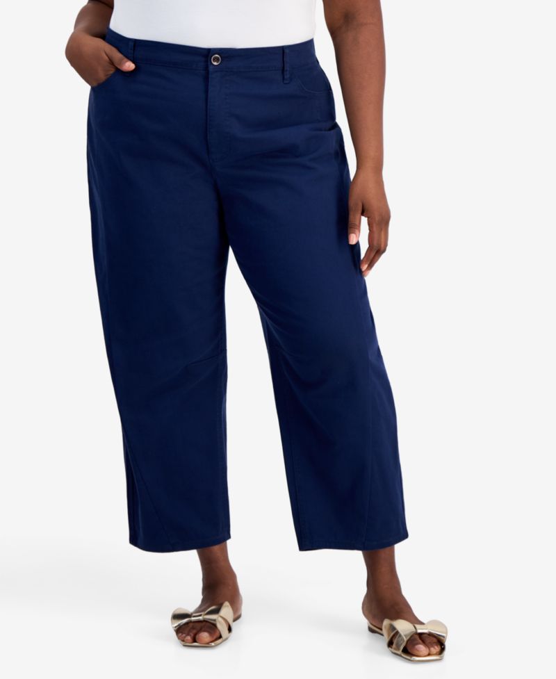 Trendy Plus Size High-Rise Twill Barrel-Leg Pants
