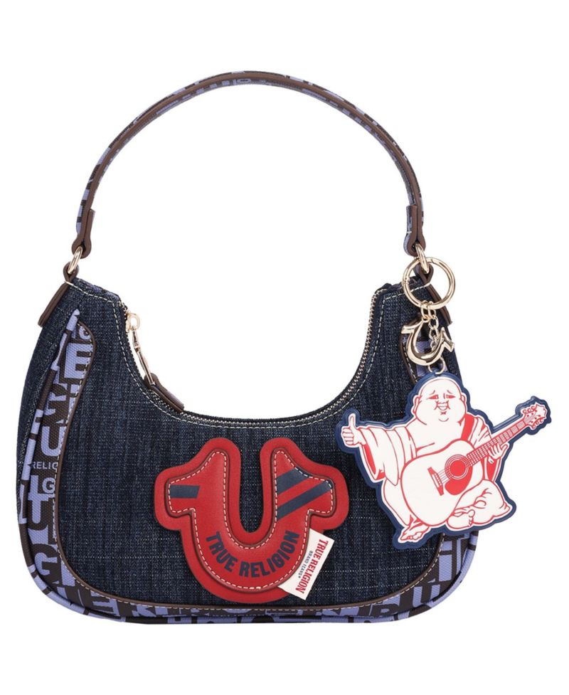 Graphic Trim Denim Hobo Bag with Buddha Charm
