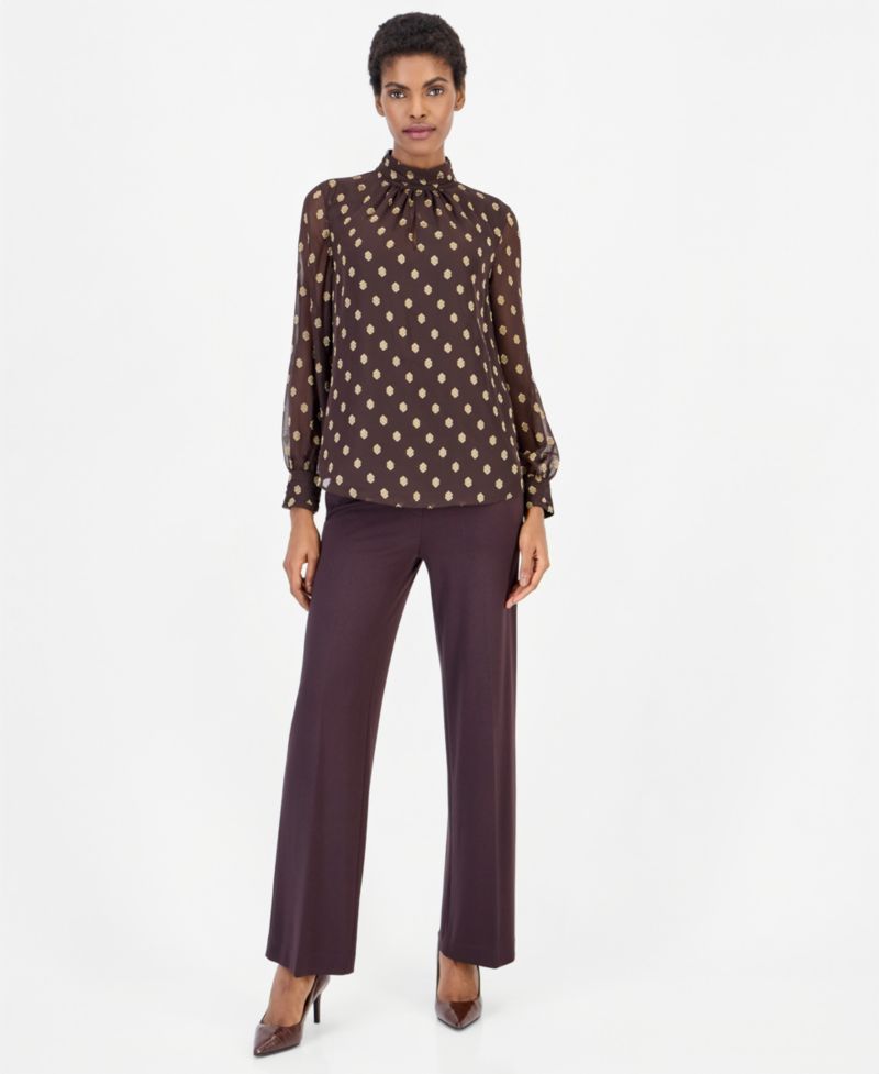 Women's Long-Sleeve Mock Neck Keyhole Blouse