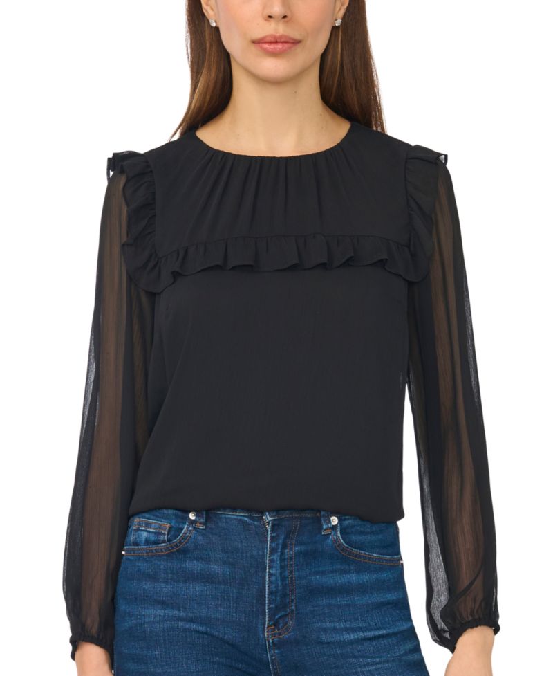 Women's Long-Sleeve Tie-Neck Blouse with Ruffle Yoke