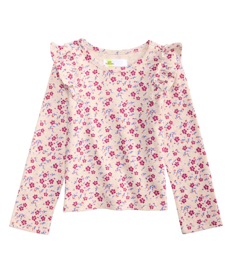Toddler Girls' 2T-5T Floral-Print Long-Sleeve Ruffled Cotton-Blend Shirt