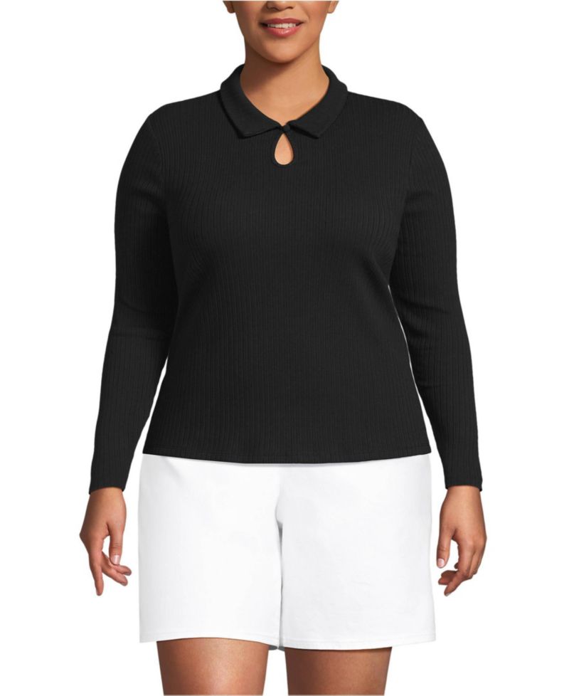 Plus Size Long Sleeve Pointelle Rib Keyhole Polo Top