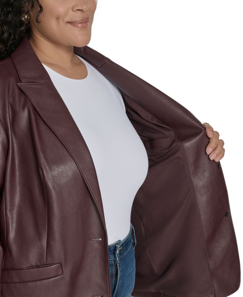 Plus Size Faux-Leather Peak-Lapel Blazer