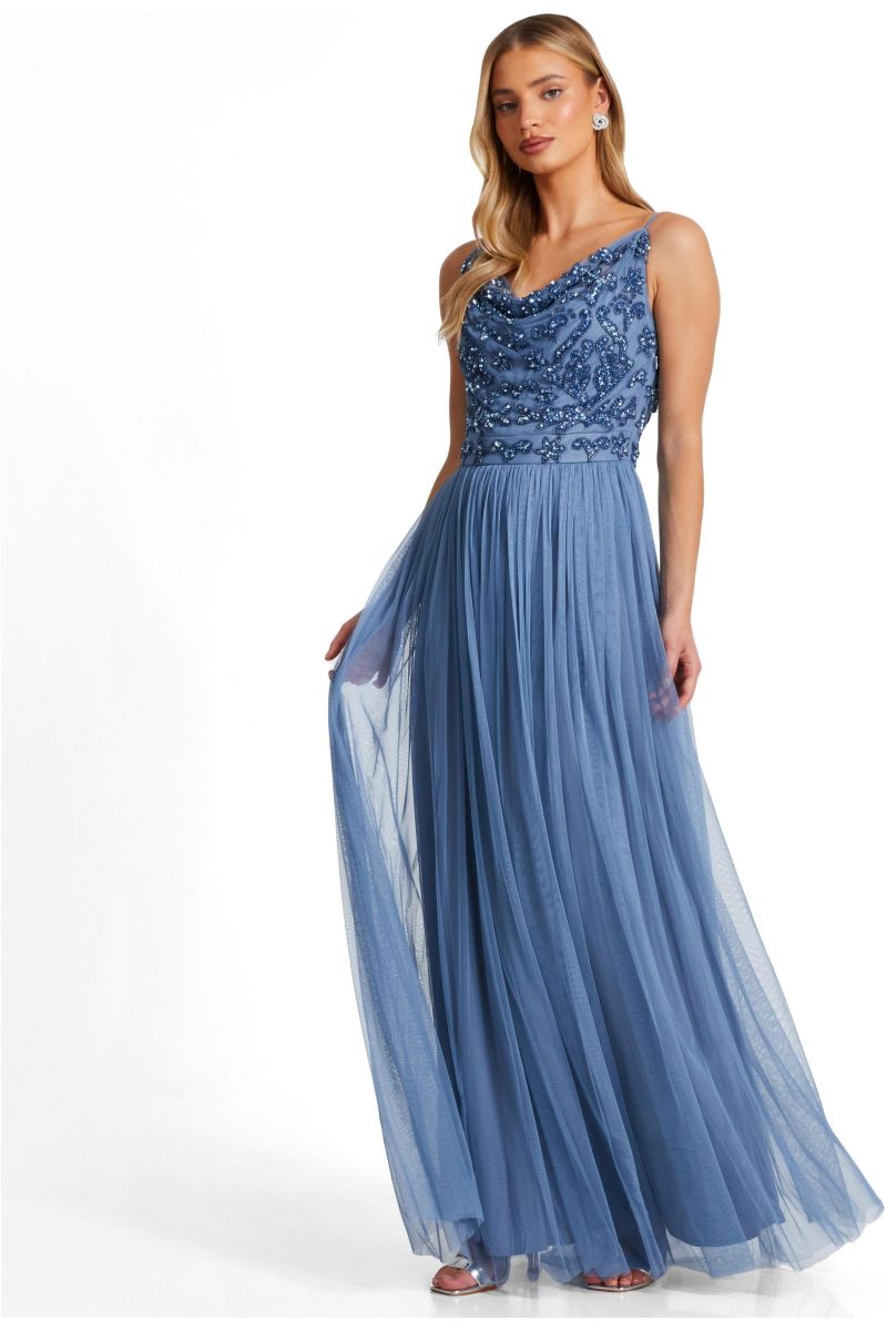 Women's Mesh Cowl Neck Beaded Maxi Dress
