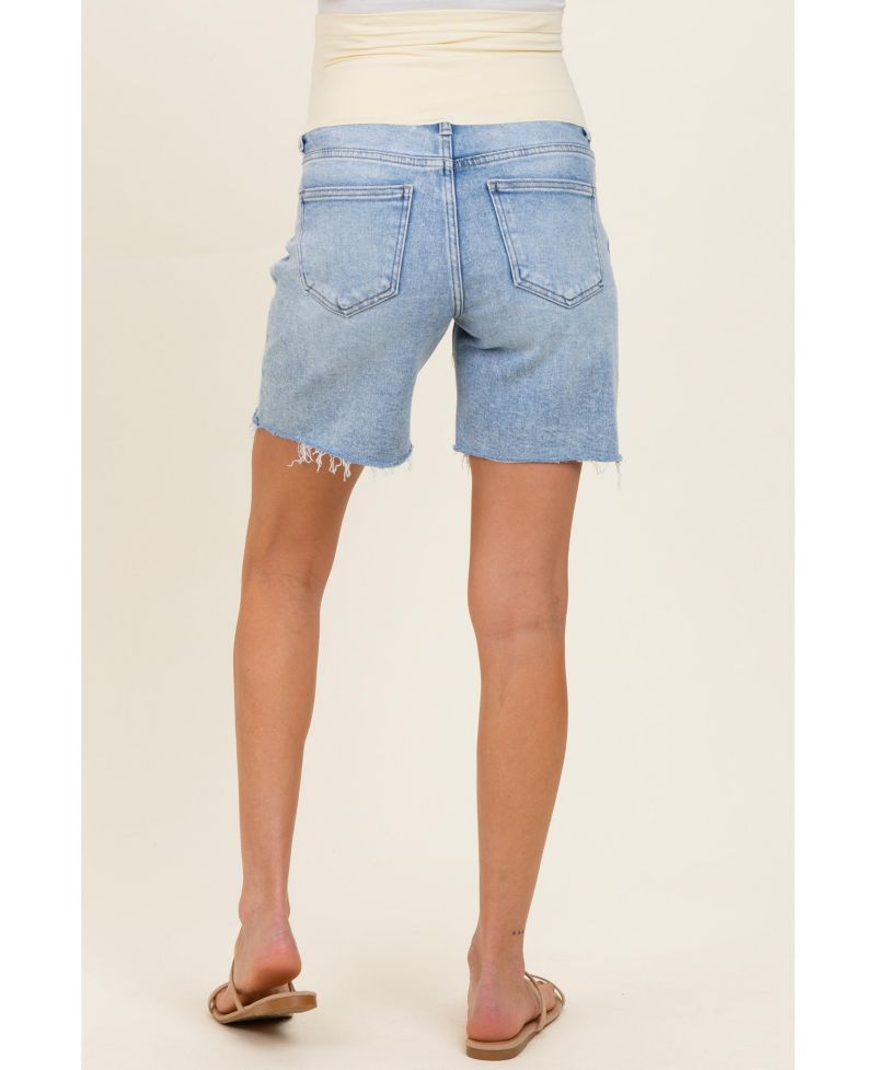 Women's Light Blue Distressed Frayed Hem Midi Jean Shorts