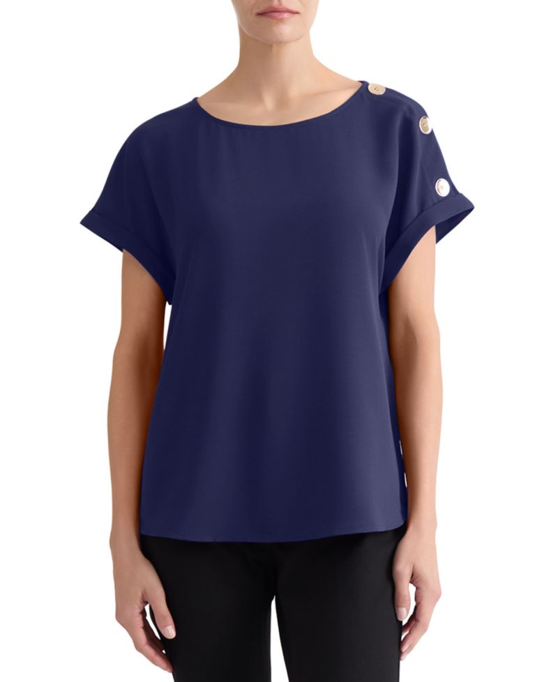Petite Shoulder-Button-Detail Boat-Neck Short-Sleeve Blouse