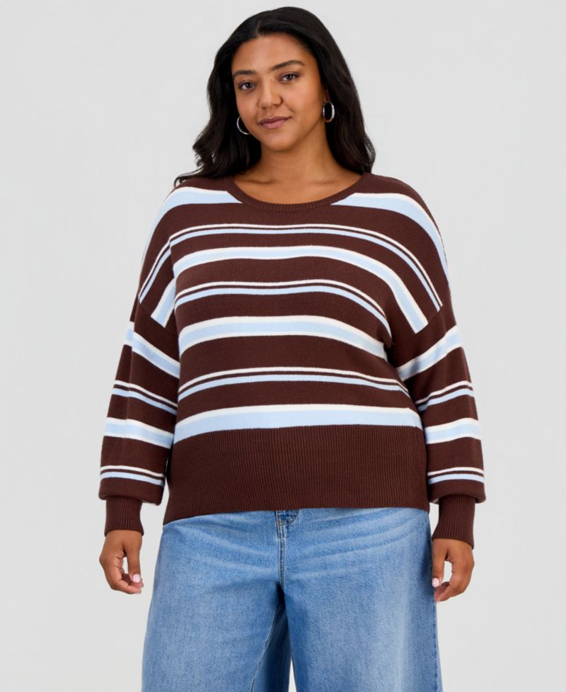 Plus Size Striped Crewneck Long-Sleeve Sweater