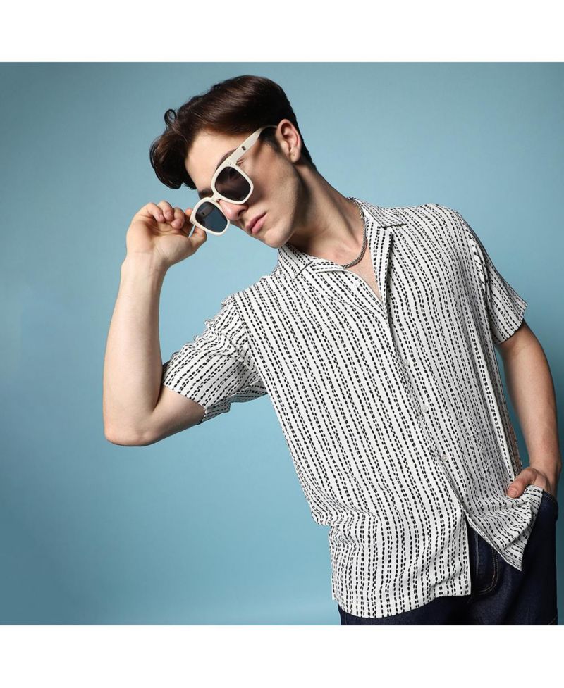 Men's Ivory White Dot Lined Shirt