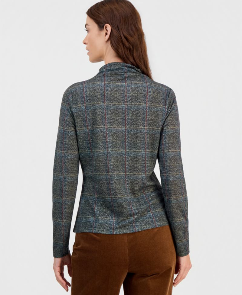 Women's Mock-Neck Plaid Top
