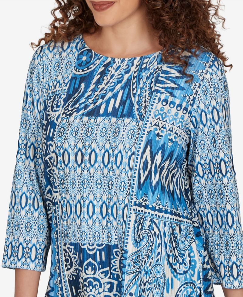 Women's Medallion Navy Patchwork Knit Top