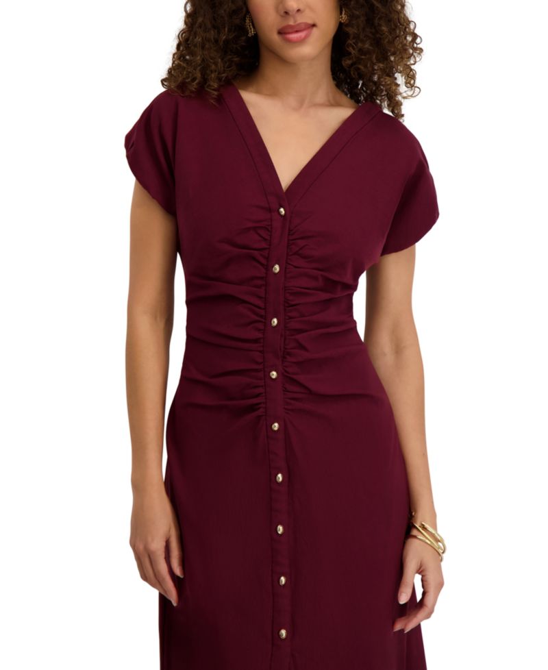Women's V-Neck Short-Sleeve Midi Shirt Dress