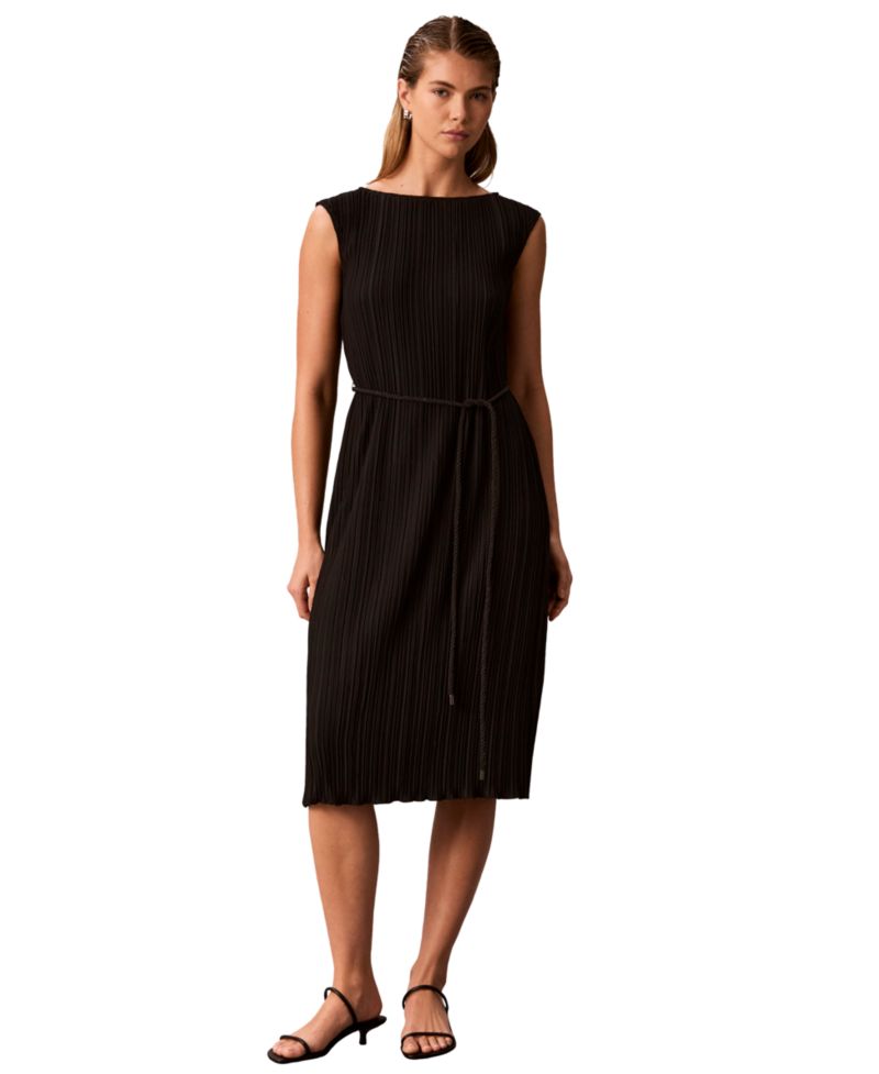 Women's Belted Pleated Boat Neck Midi Dress
