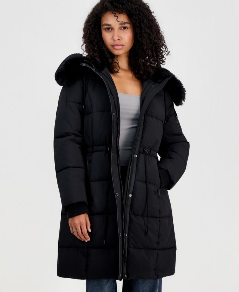 Women's Hooded Drawcord-Waist Puffer Coat