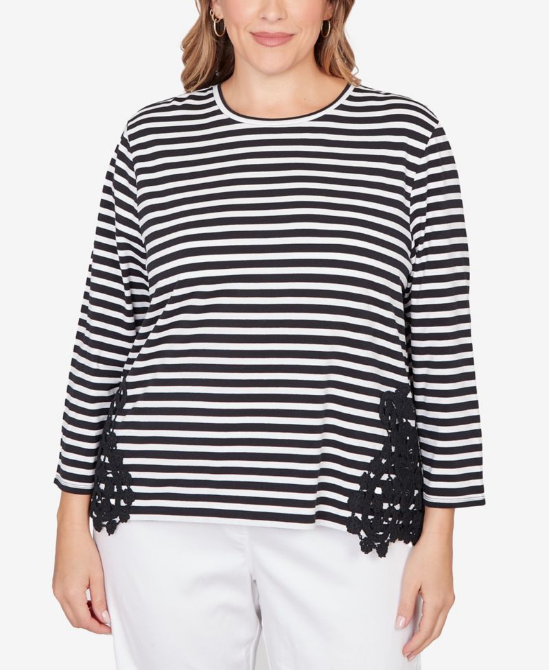 Plus Size Crew Neck Stripe Cotton Lace Applique Top