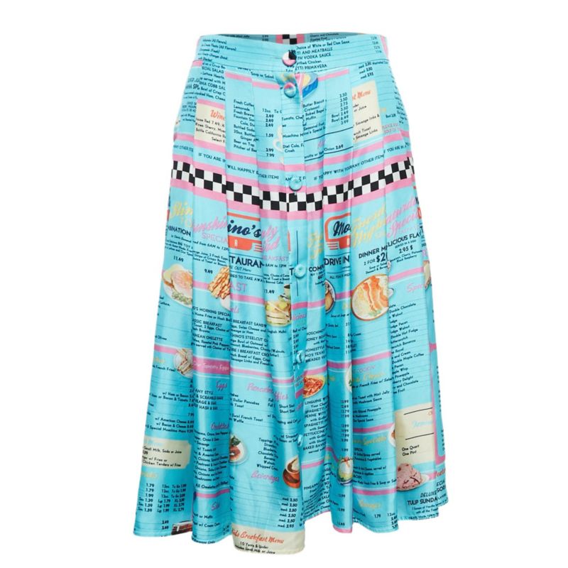 Women's Couture Blue Drive In Menu Print Silk Pleated Midi Skirt