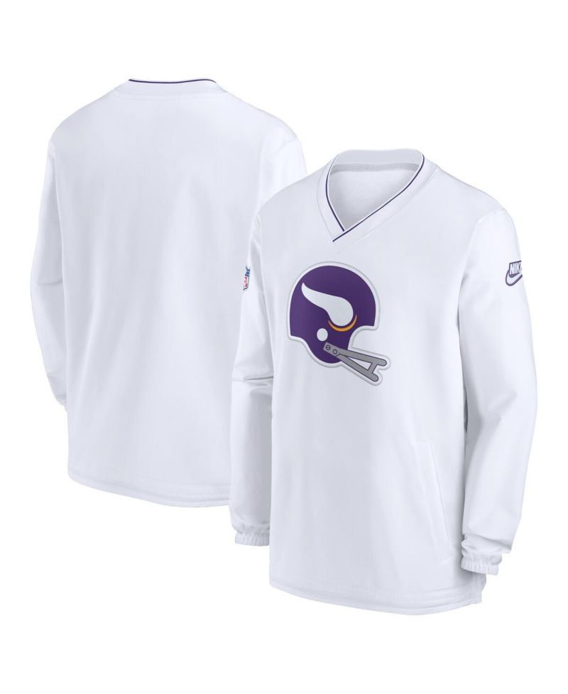 Men's White Minnesota Vikings 2024 Sideline Throwback Logo Long-Sleeve V-Neck Windshirt