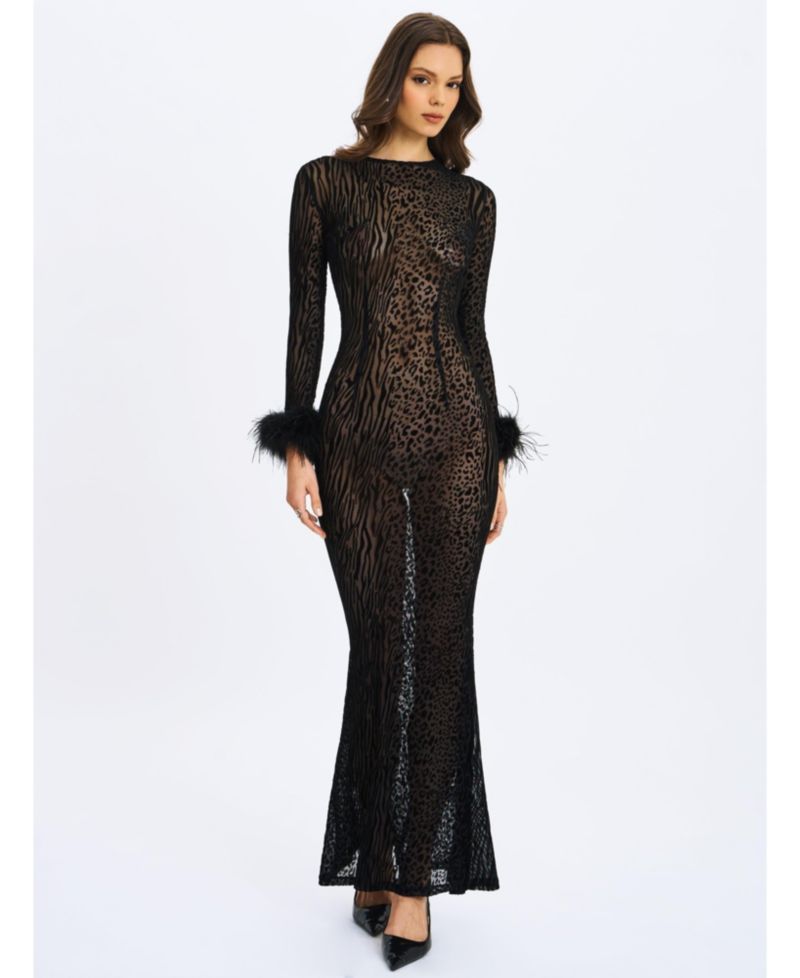 Women's Patricia Black Leopard Burnout Velvet Mesh Backless Maxi Dress