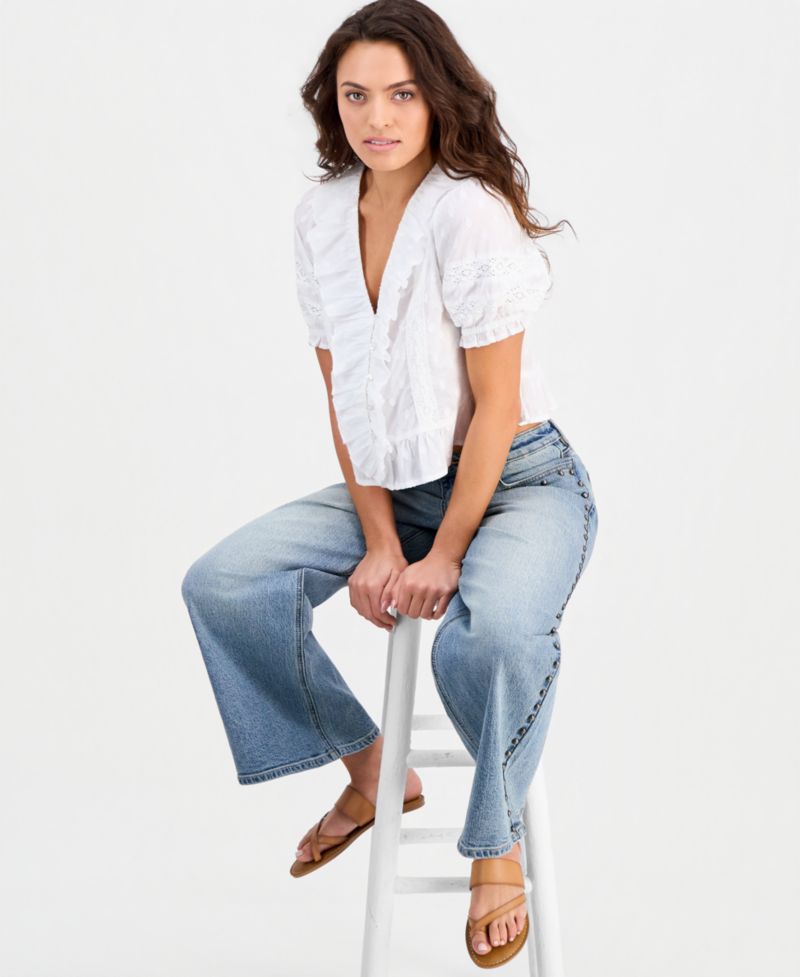 Petite Ruffled-Front Clip-Dot Cotton Top