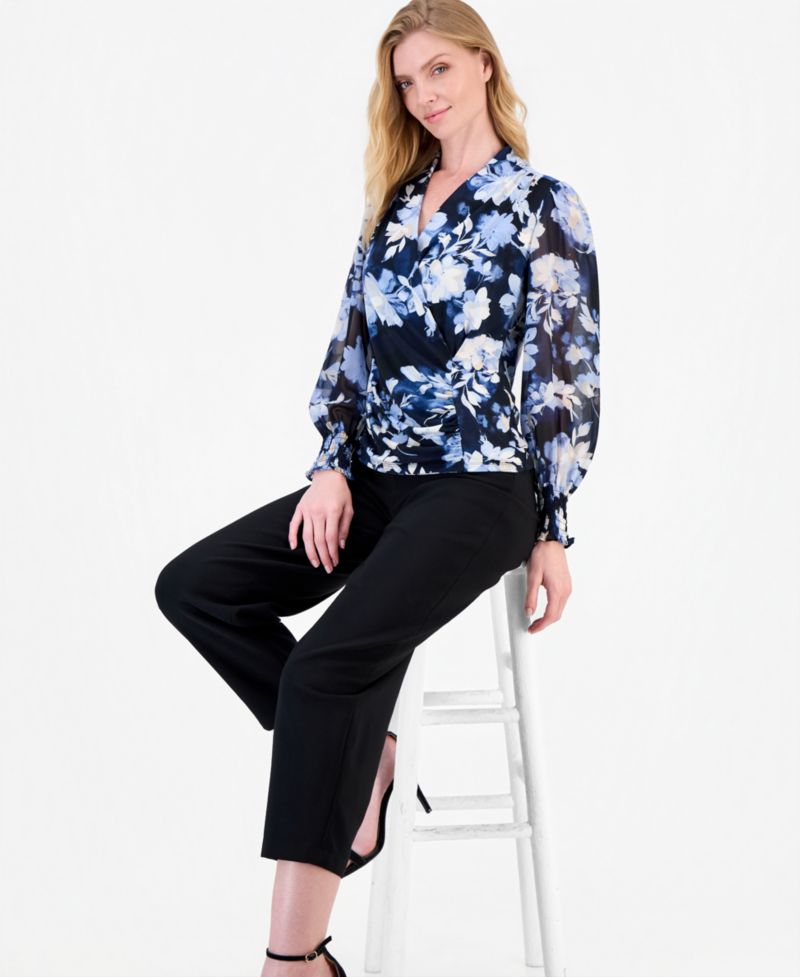 Women's Faux-Wrap Smocked-Cuff Top