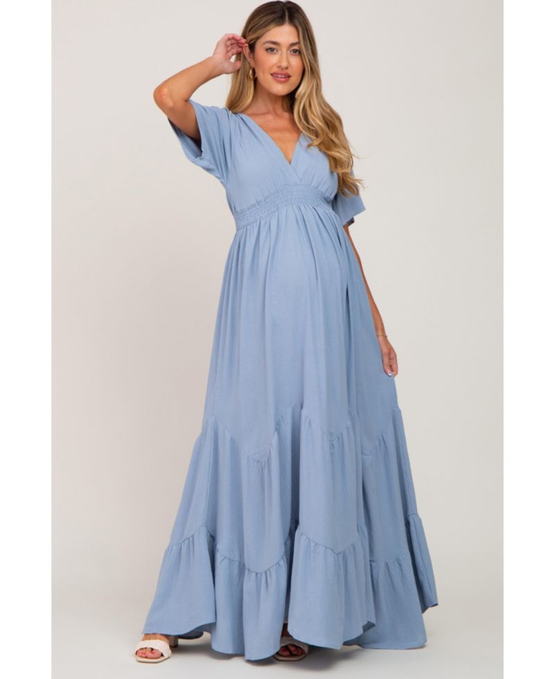 Women's Light Blue Deep V-Neck Maxi Dress