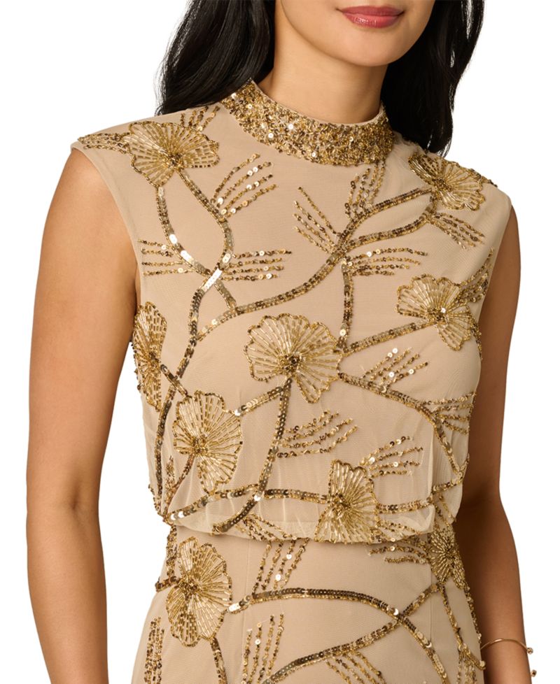 Women's Mock Neck Beaded Floral Gown