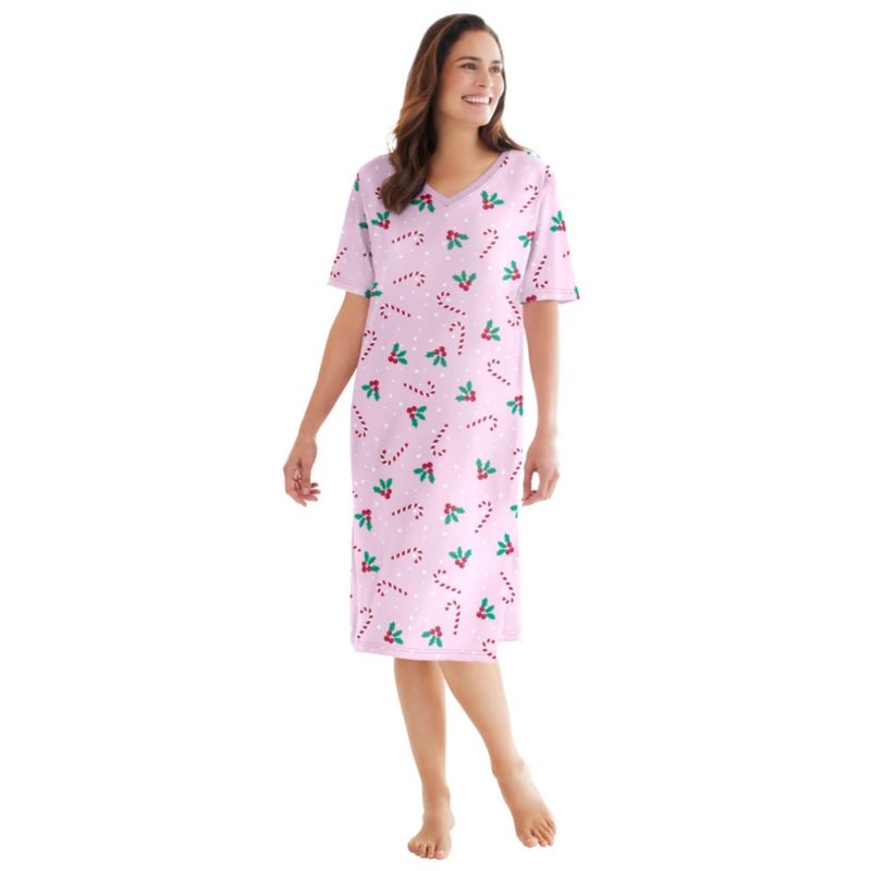 Women's Dreams and Co. V-Neck Short Sleeve Knee-Length Cotton Sleepshirt
