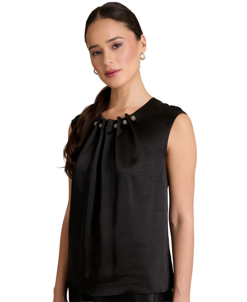 Women's Tucked Beaded Crew Neck Top