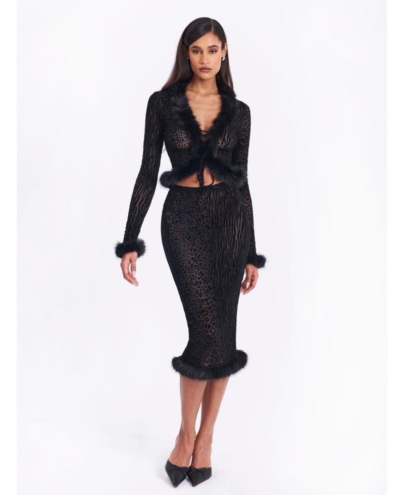 Women's Halia Black Animal Print Burnout Velvet Faux Fur Trim Skirt