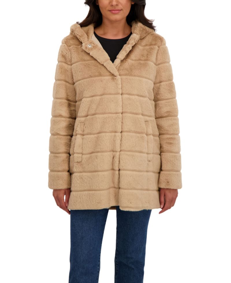 Women's Hooded Grooved Faux Fur Coat