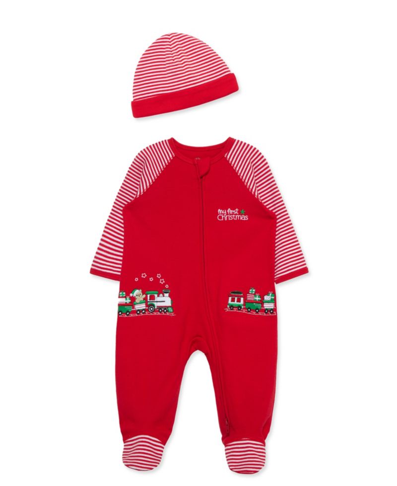 Baby Boys' Train Gift Embroidered Footed Coveralls and Hat, 2-Piece Set