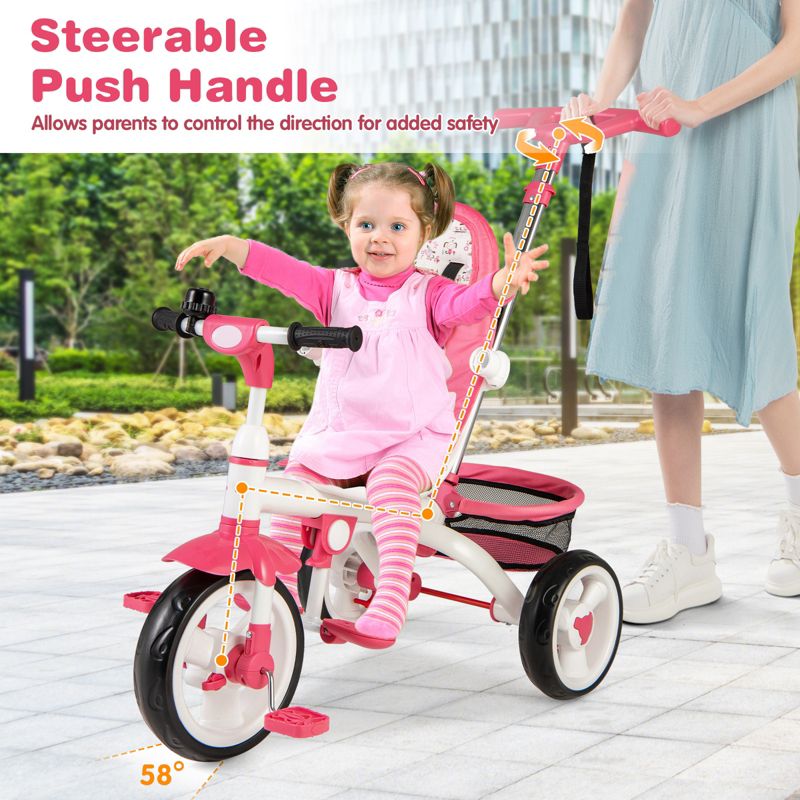 Girls 4-in-1 Tricycle Stroller with Detachable Design and Round Sun Canopy