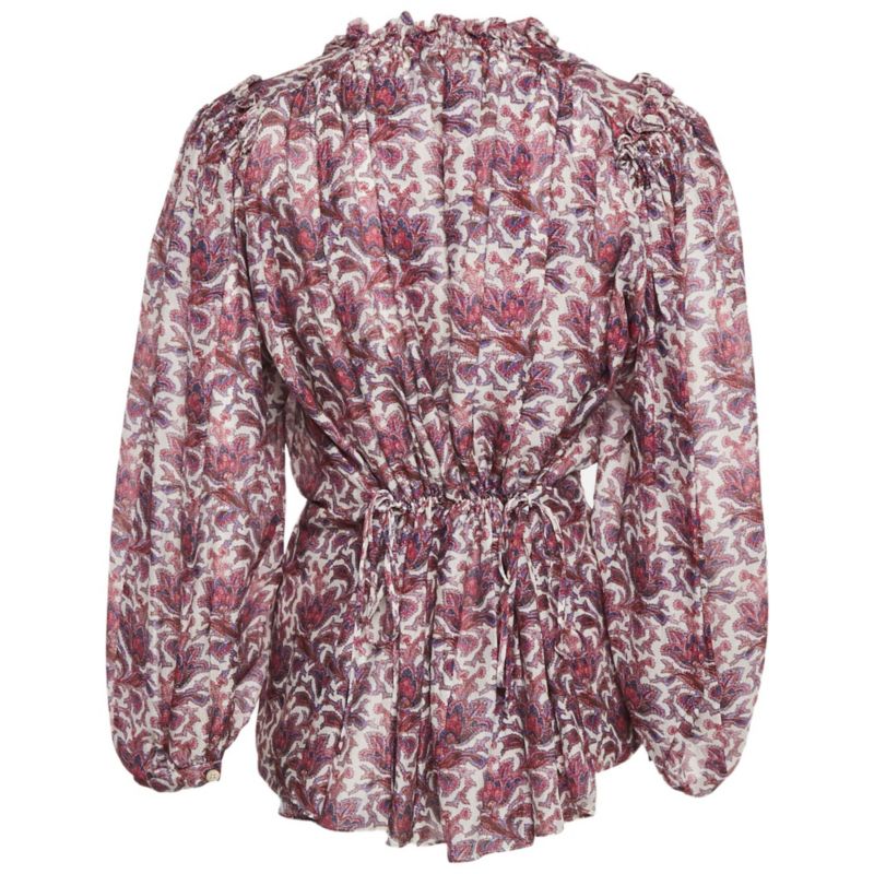 Women's Purple Printed Silk Ruffle Detail Top
