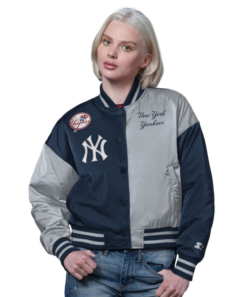 Women's Navy/Gray New York Yankees Offside Cropped Full-Snap Varsity Jacket