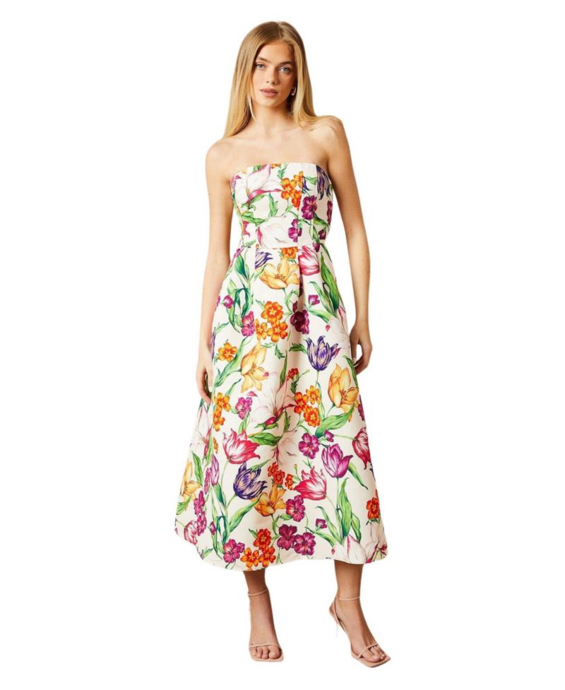 Women's Floral Twill Strapless Midi Dress