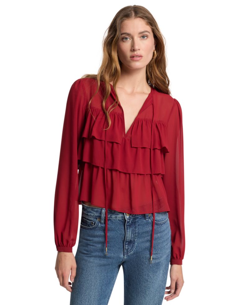 Women's Long-Sleeve Chiffon Ruffle-Tier Blouse