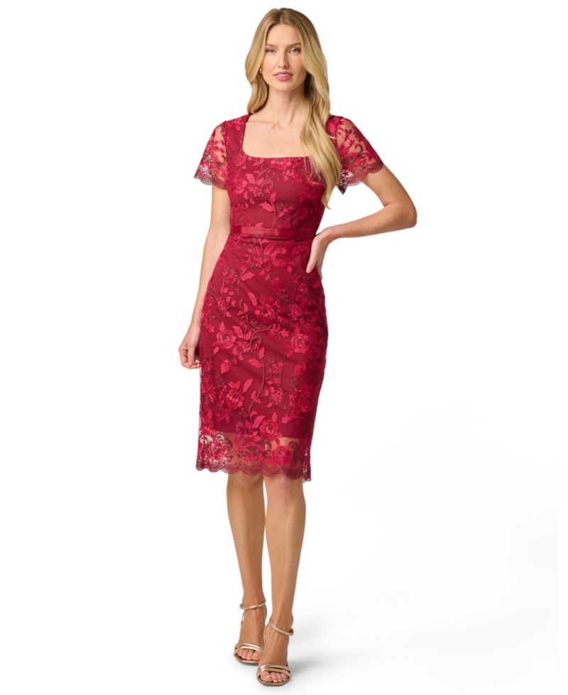 Women's Short-Sleeve Square-Neck Floral-Embroidered Dress