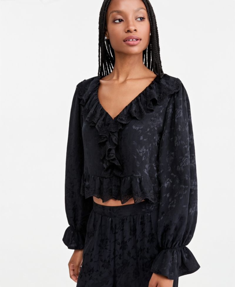 Petite Balloon-Sleeve Ruffle-Jacquard Blouse
