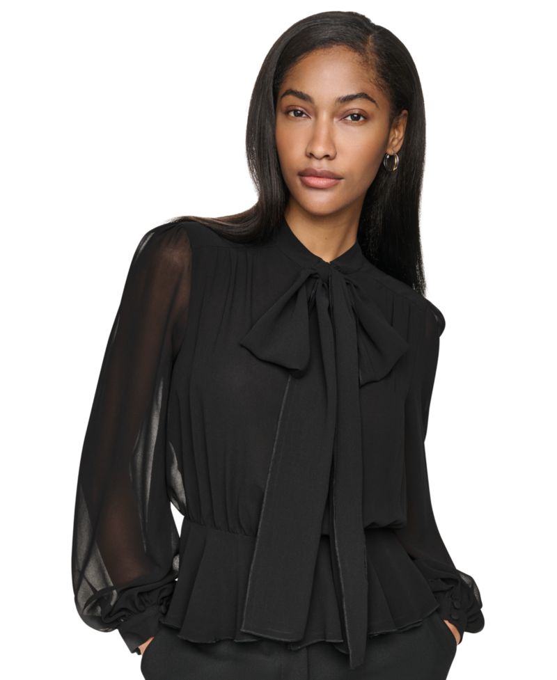 Women's Tie Neck Peplum Long-Sleeve Blouse