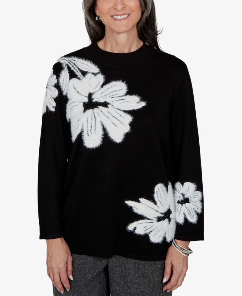 Women's Mock-Neck Floral-Print 3/4-Sleeve Sweater