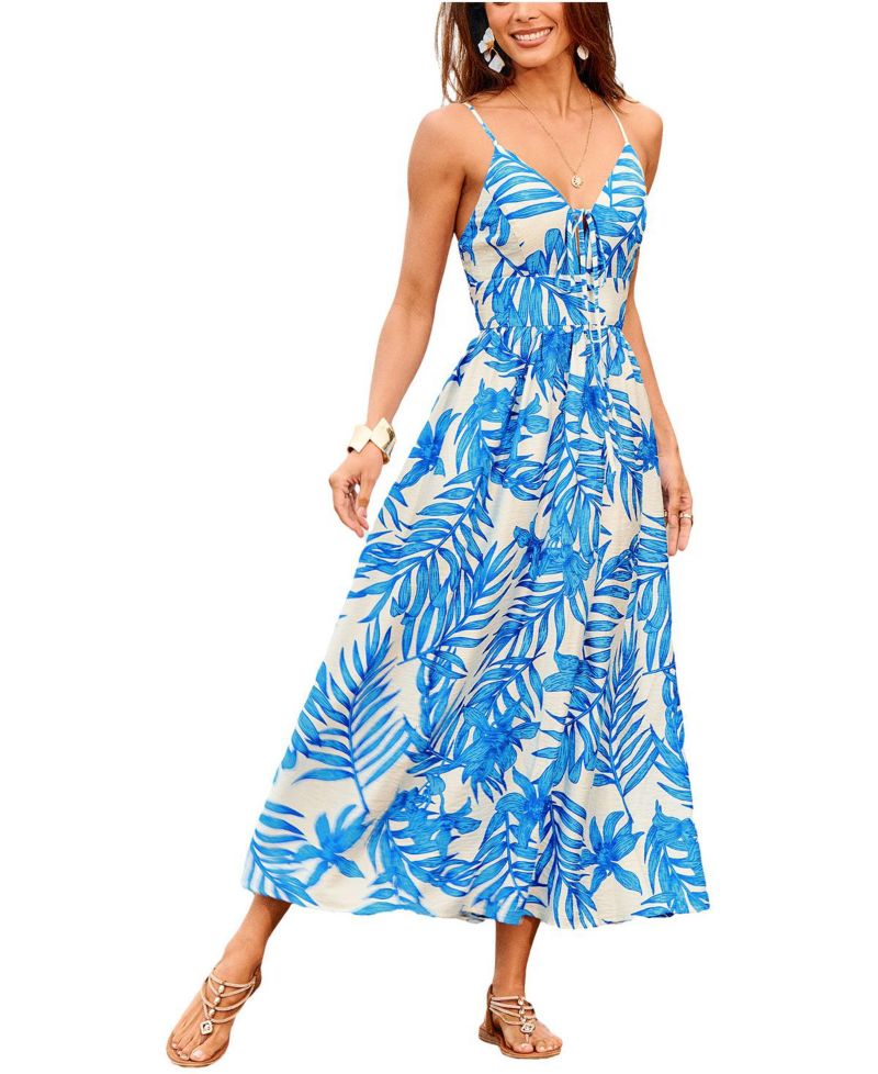 Women's V-Neck Leaf Print Beach Dress