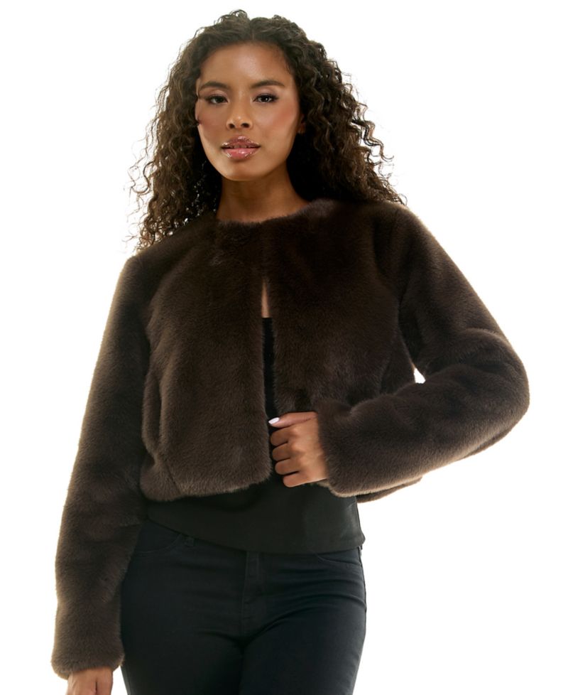 Juniors' Faux Fur Long-Sleeve Cropped Jacket