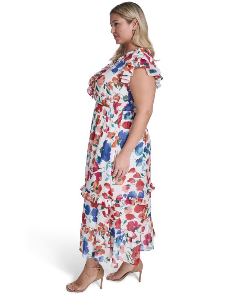 Plus Size V-Neck Smocked Waist Midi Dress