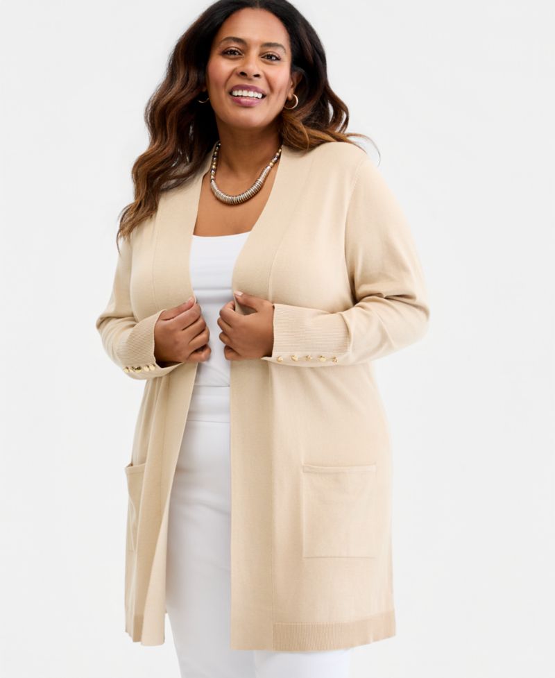 Petite Open-Front Button-Cuff Cardigan Sweater