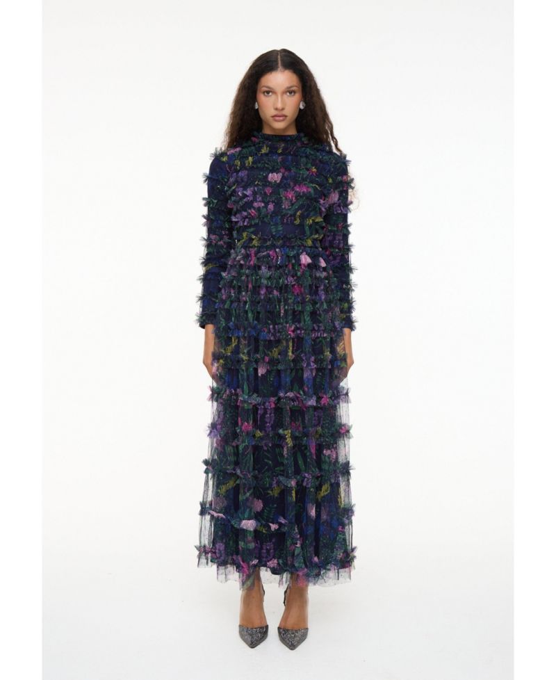 Women's Modest Floral Ruffle High Neck Maxi Dress