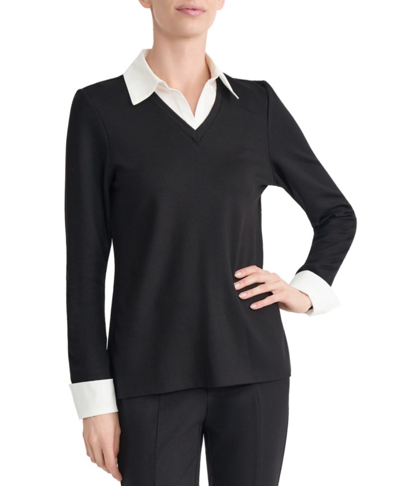 Petite Mixed Media Twofer Long-Sleeve Collared V-Neck Blouse
